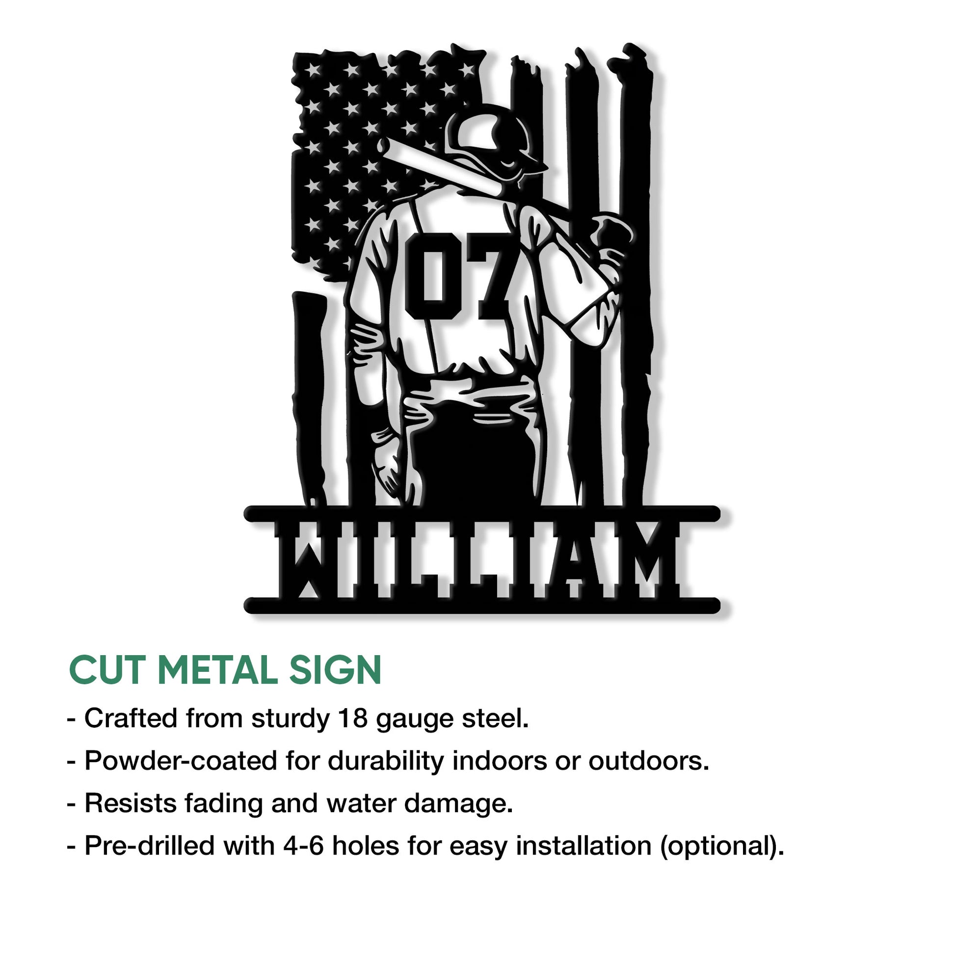 Baseball player cut metal sign shown with product feature details and bold sports artwork