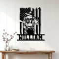 Custom baseball wall sign displayed on a light wood wall above a console table