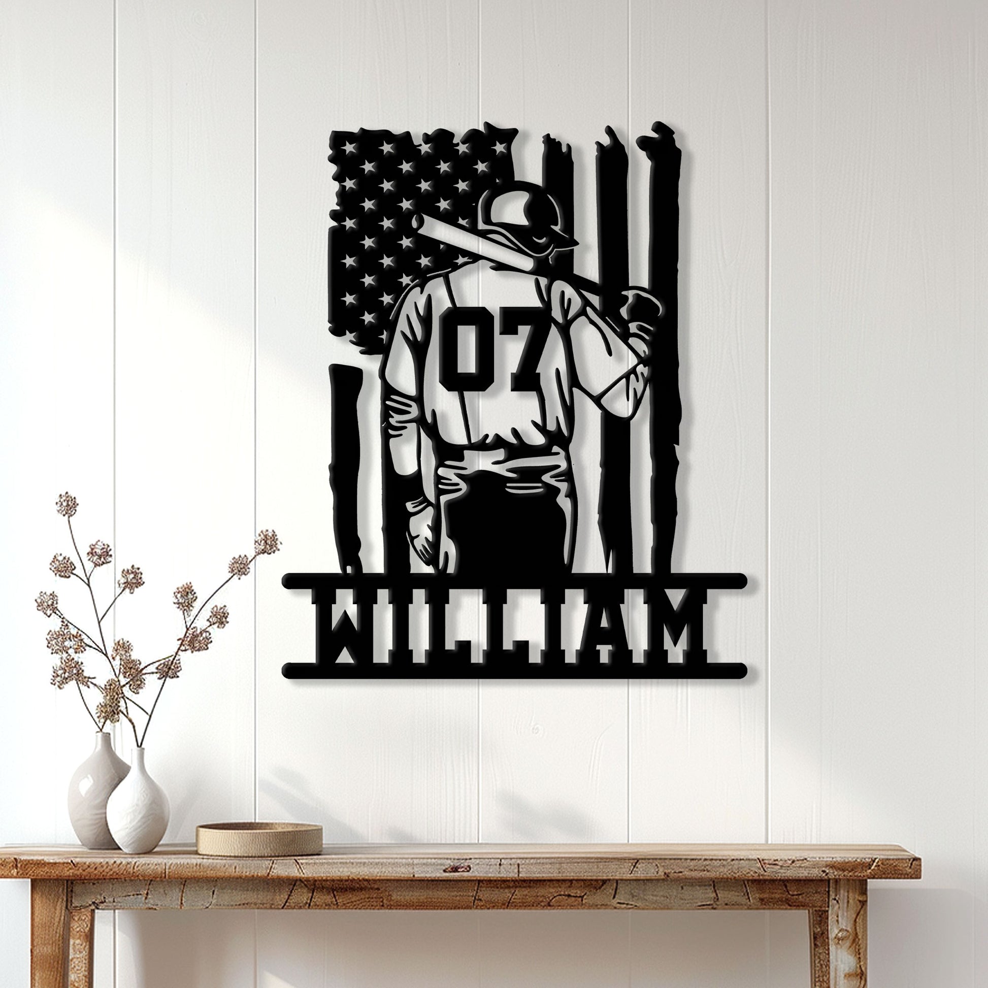 Custom baseball wall sign displayed on a light wood wall above a console table