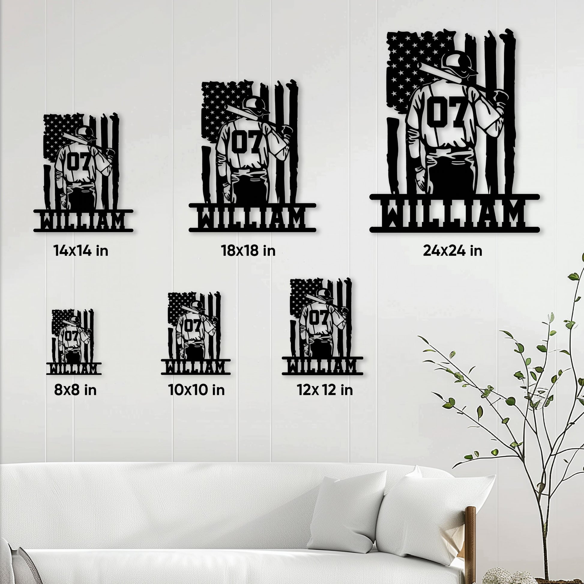 Baseball player metal sign size guide showing six available square size options in a room setting