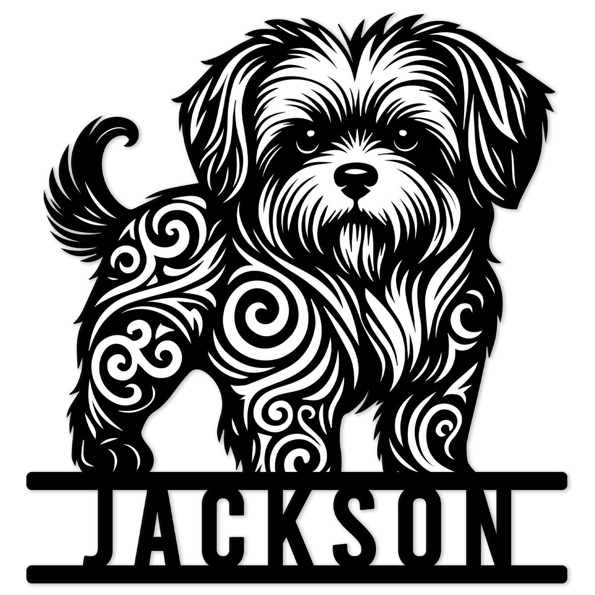 Ornate black Shih Tzu metal sign featuring a fluffy dog portrait and decorative swirl details