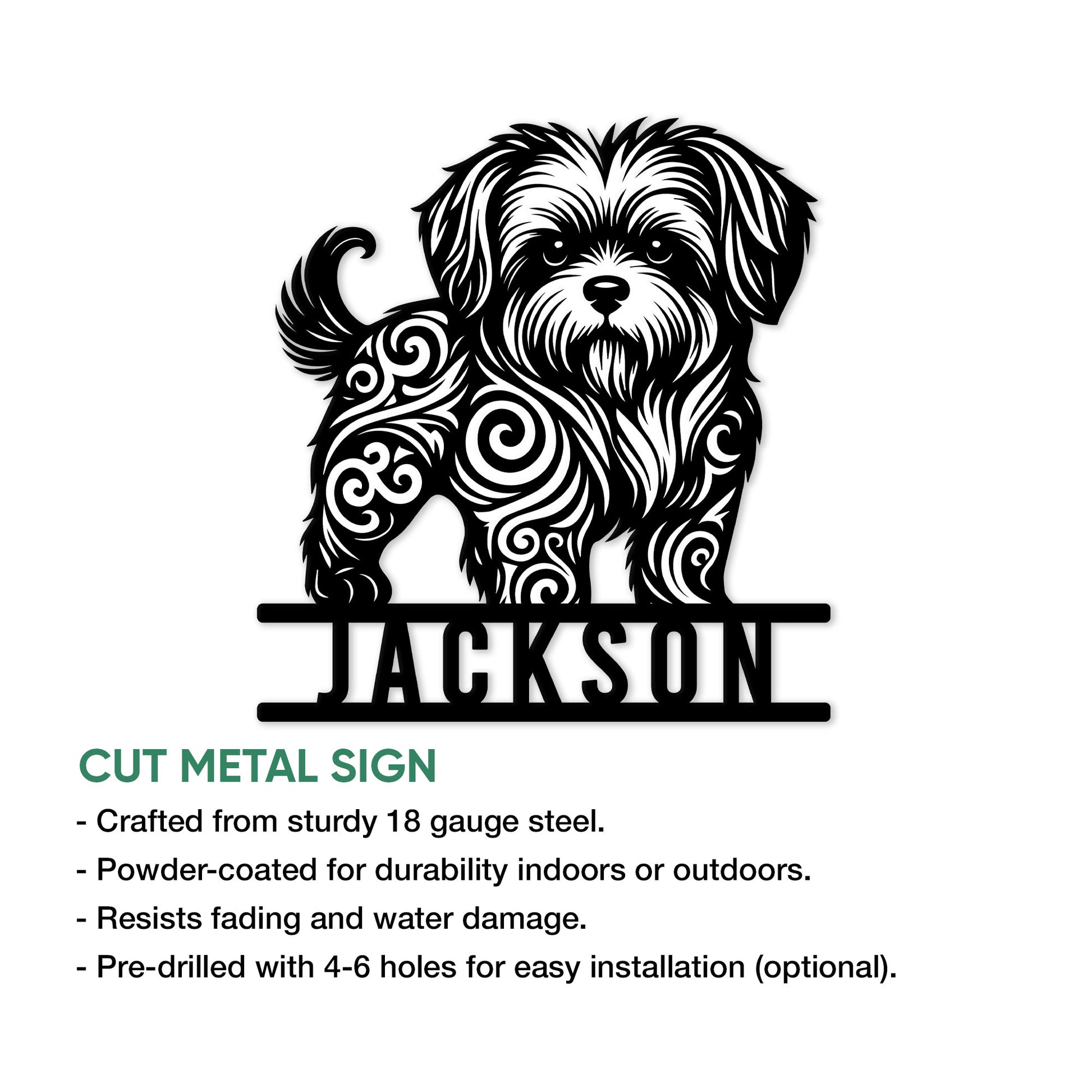 Shih Tzu cut-metal sign presented in a product feature infographic