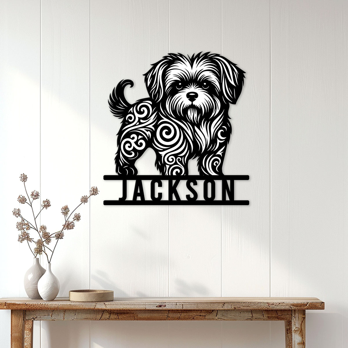 Black Shih Tzu wall sign displayed above a console table in a bright home entryway
