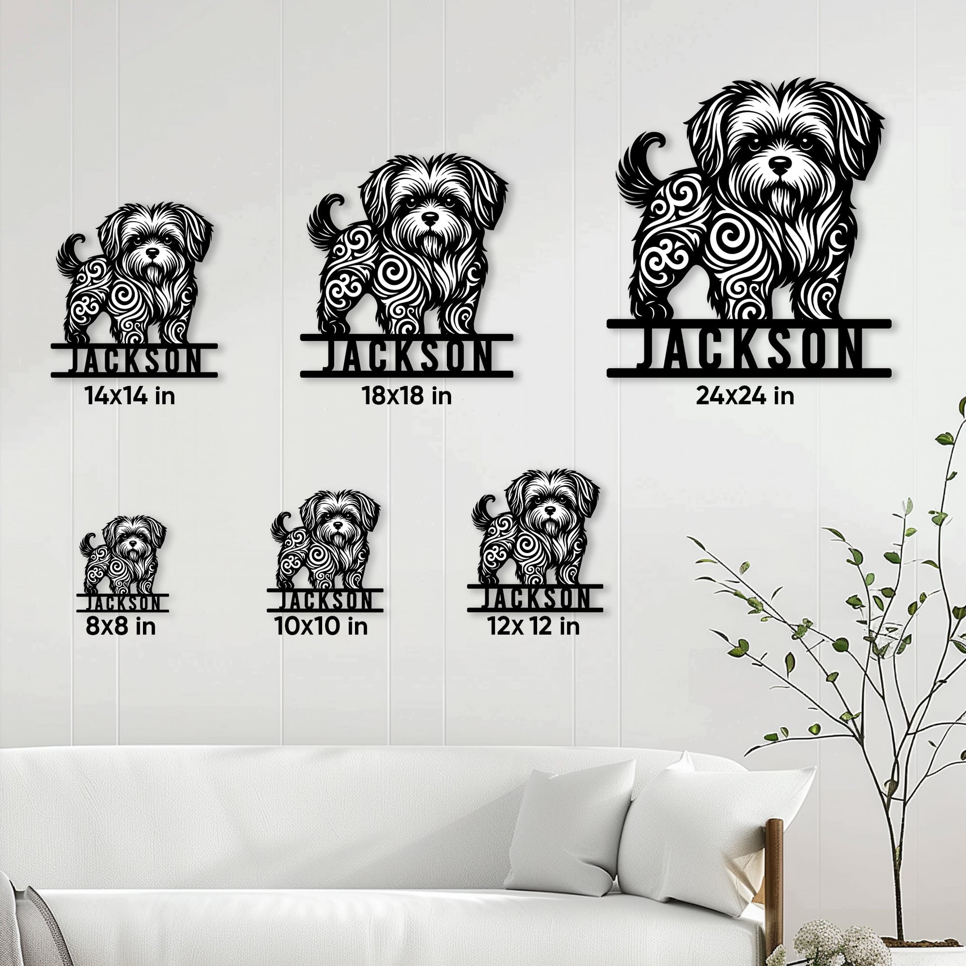 Shih Tzu metal sign size guide showing six available square size options