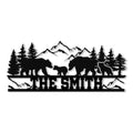 Custom bear family metal sign with mountain, evergreen tree, and woodland bear silhouettes