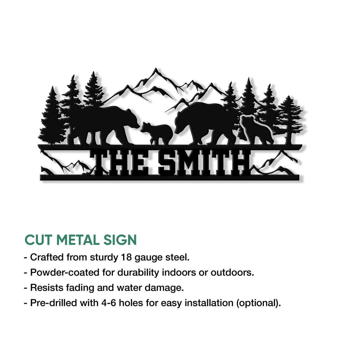 Bear family metal sign shown with cut metal sign features and indoor or outdoor display details