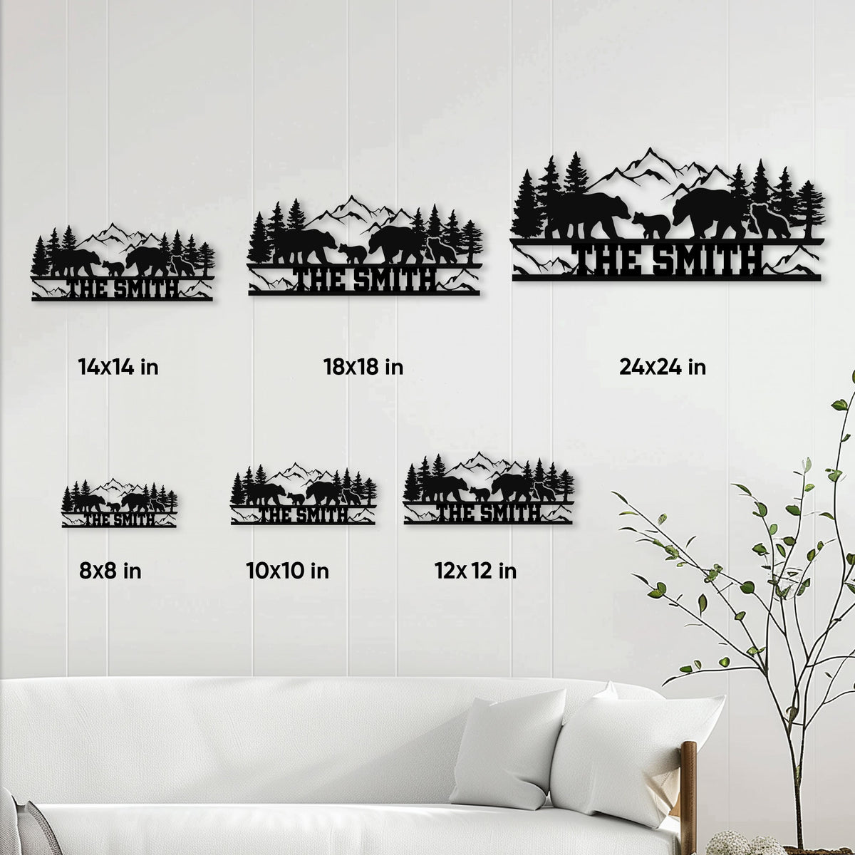 Bear family metal sign size guide showing 8, 10, 12, 14, 18, and 24 inch options