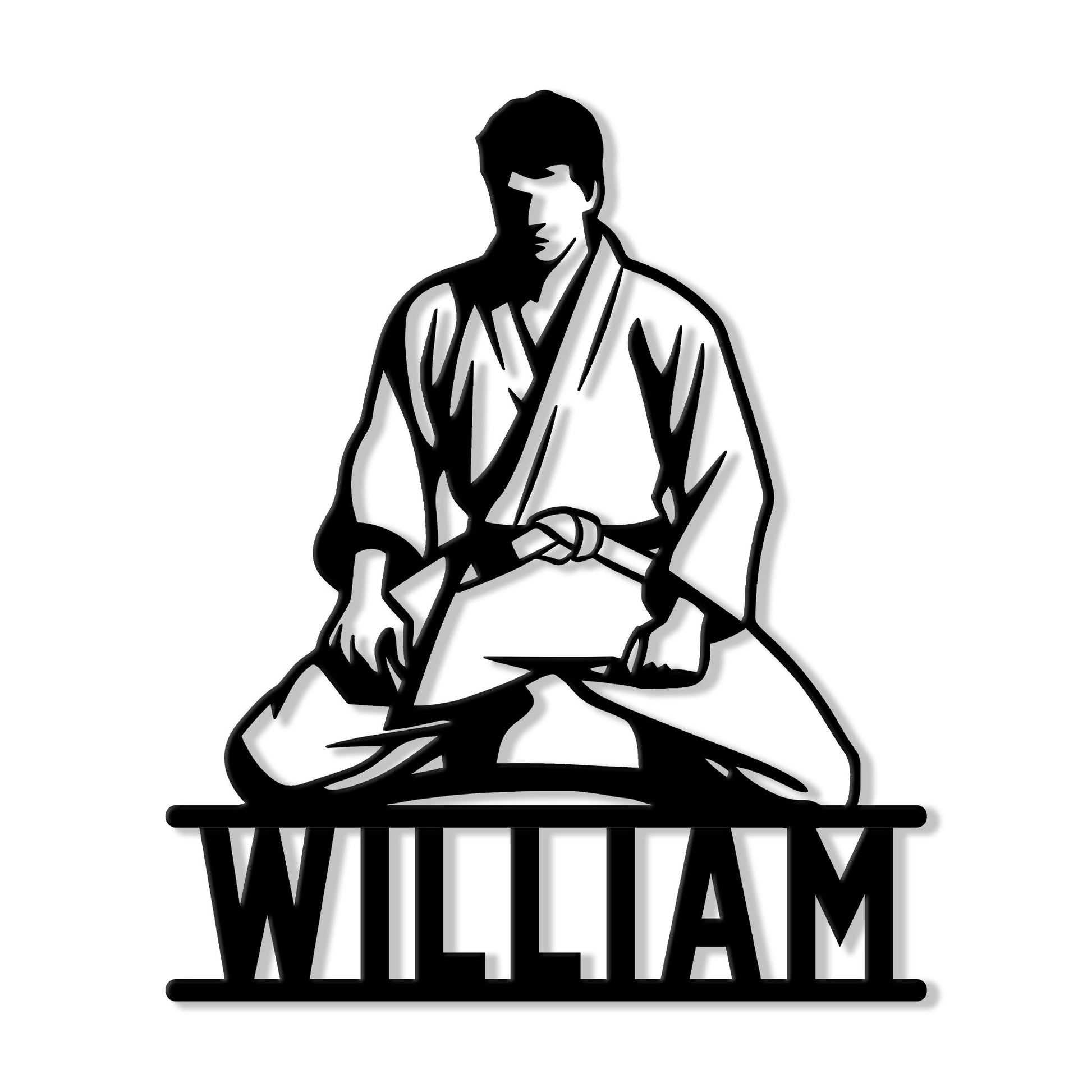 Jiu Jitsu metal sign featuring a seated martial artist in a gi with bold black silhouette styling