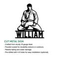 Jiu Jitsu cut metal sign feature graphic showing a seated practitioner and indoor or outdoor display details