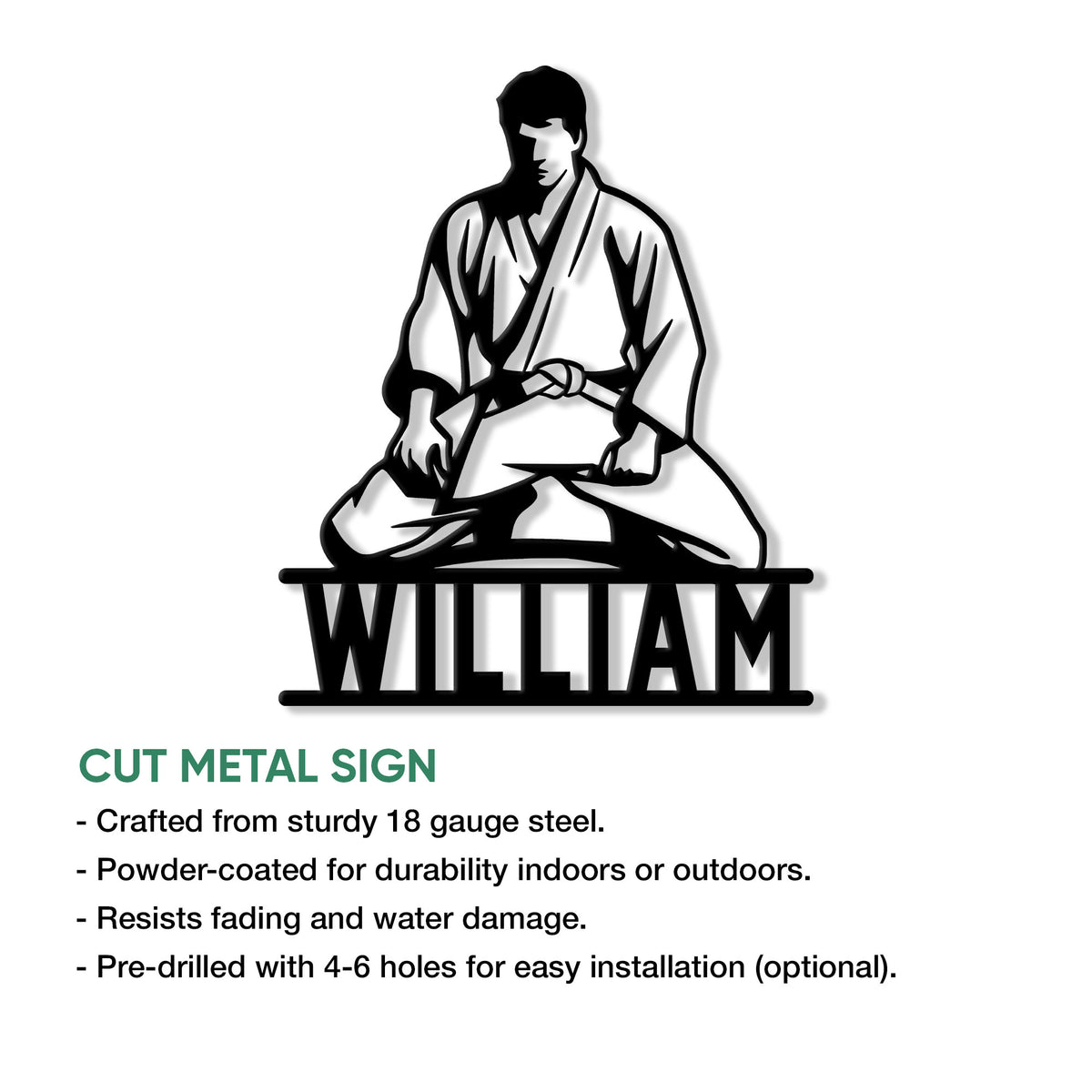 Jiu Jitsu cut metal sign feature graphic showing a seated practitioner and indoor or outdoor display details