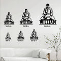 Jiu Jitsu metal sign size guide showing multiple square size options in a living room setting
