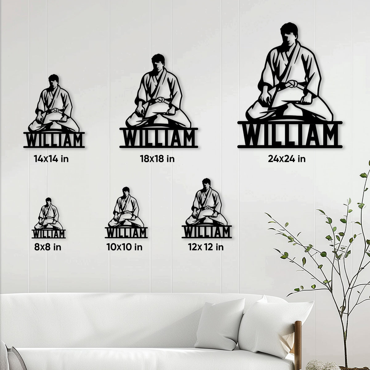 Jiu Jitsu metal sign size guide showing multiple square size options in a living room setting