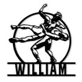 Custom wrestling metal sign featuring a dynamic wrestler silhouette inside a circular ring design