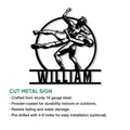 Wrestling metal sign feature graphic showing a dynamic wrestler silhouette and cut-metal sign details