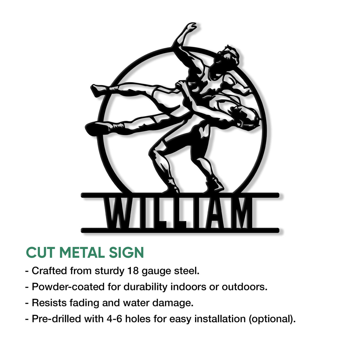 Wrestling metal sign feature graphic showing a dynamic wrestler silhouette and cut-metal sign details
