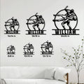 Wrestling metal sign size guide showing multiple available dimensions in a living room setting