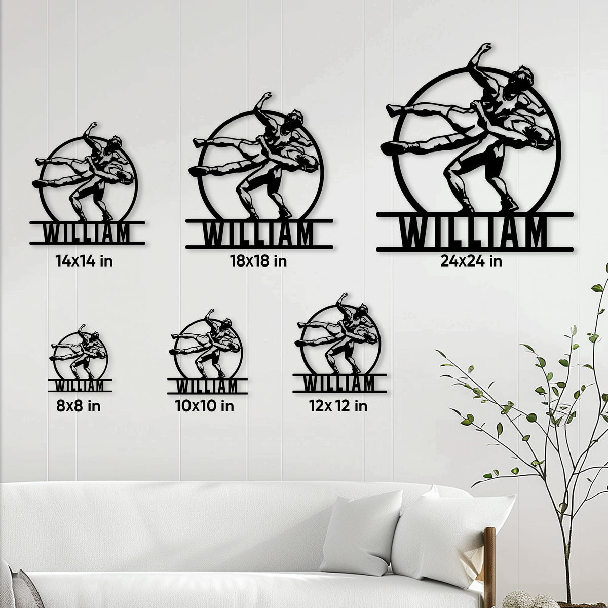 Wrestling metal sign size guide showing multiple available dimensions in a living room setting