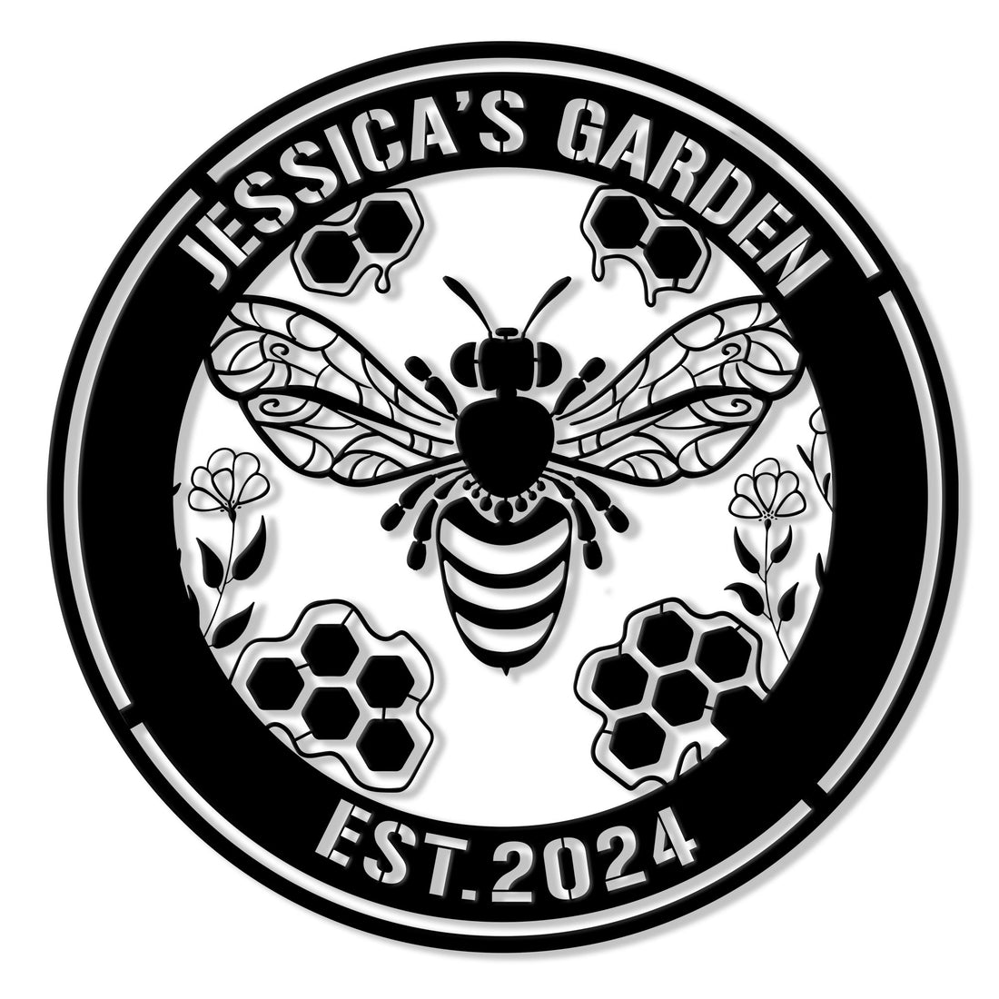 Round bee garden metal sign featuring a detailed honeybee, honeycomb accents, flowers, and bold black-and-white artwork