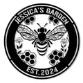 Round bee garden metal sign featuring a detailed honeybee, honeycomb accents, flowers, and bold black-and-white artwork