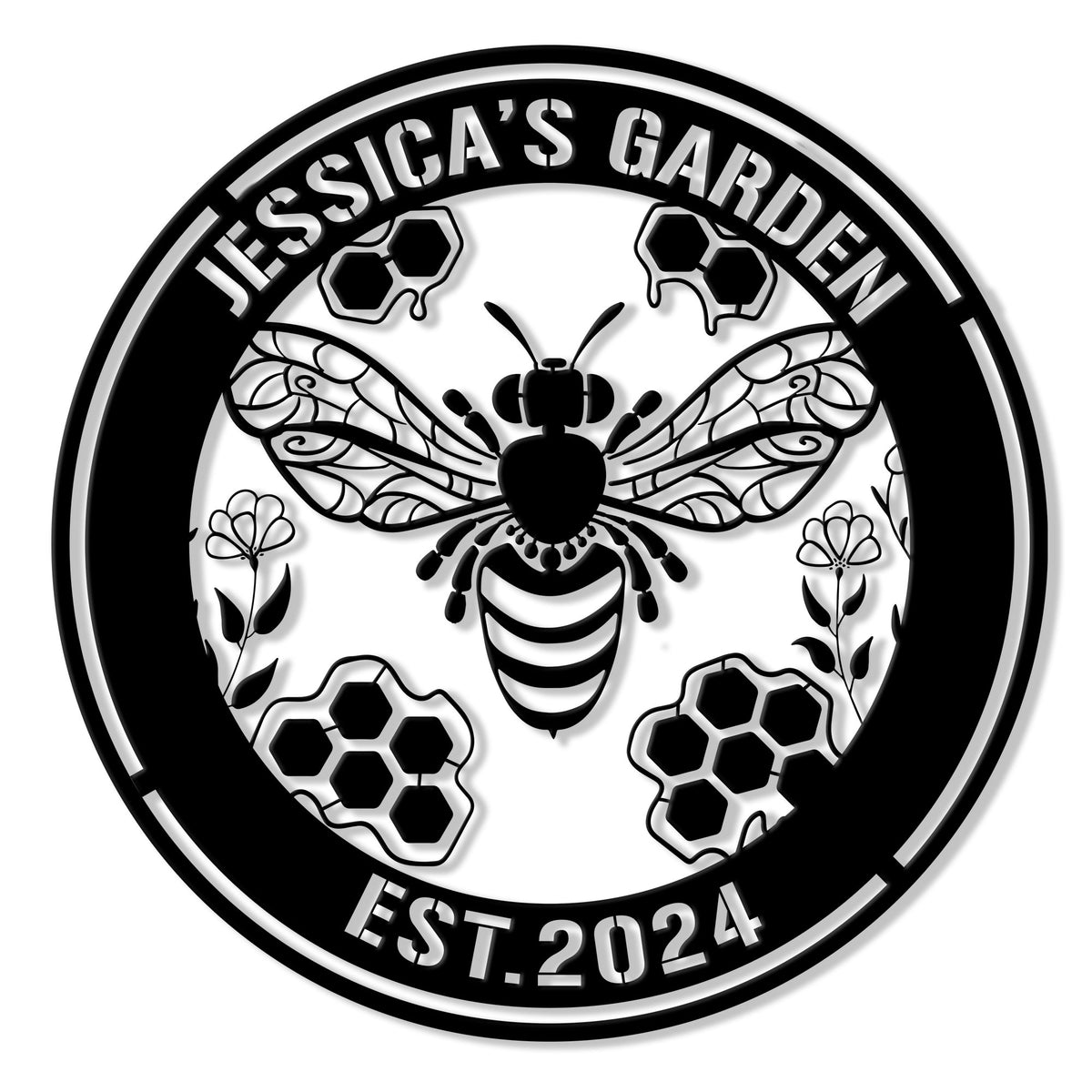 Round bee garden metal sign featuring a detailed honeybee, honeycomb accents, flowers, and bold black-and-white artwork