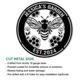 Bee garden metal sign shown with cut-metal construction and features for indoor or outdoor display