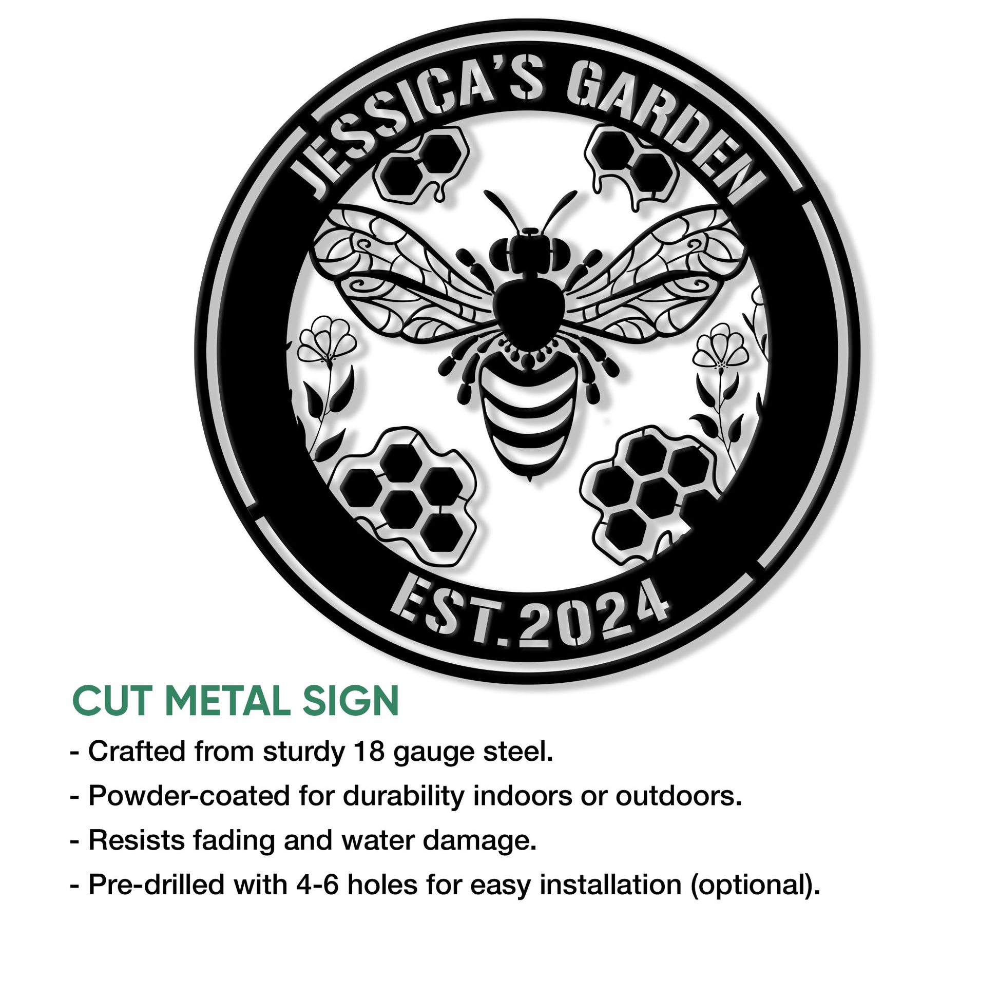 Bee garden metal sign shown with cut-metal construction and features for indoor or outdoor display