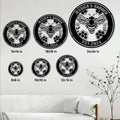 Bee garden metal sign size guide showing multiple circular sign size options in a living room setting