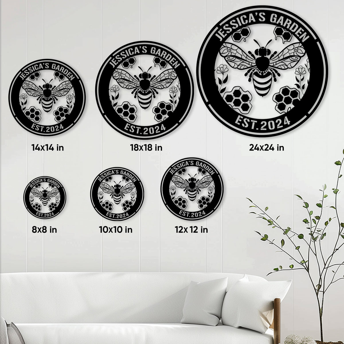 Bee garden metal sign size guide showing multiple circular sign size options in a living room setting