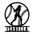 Softball metal sign featuring a female batter silhouette inside a bold circular softball design