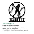Cut metal softball sign with a batter silhouette and oversized softball stitching detail