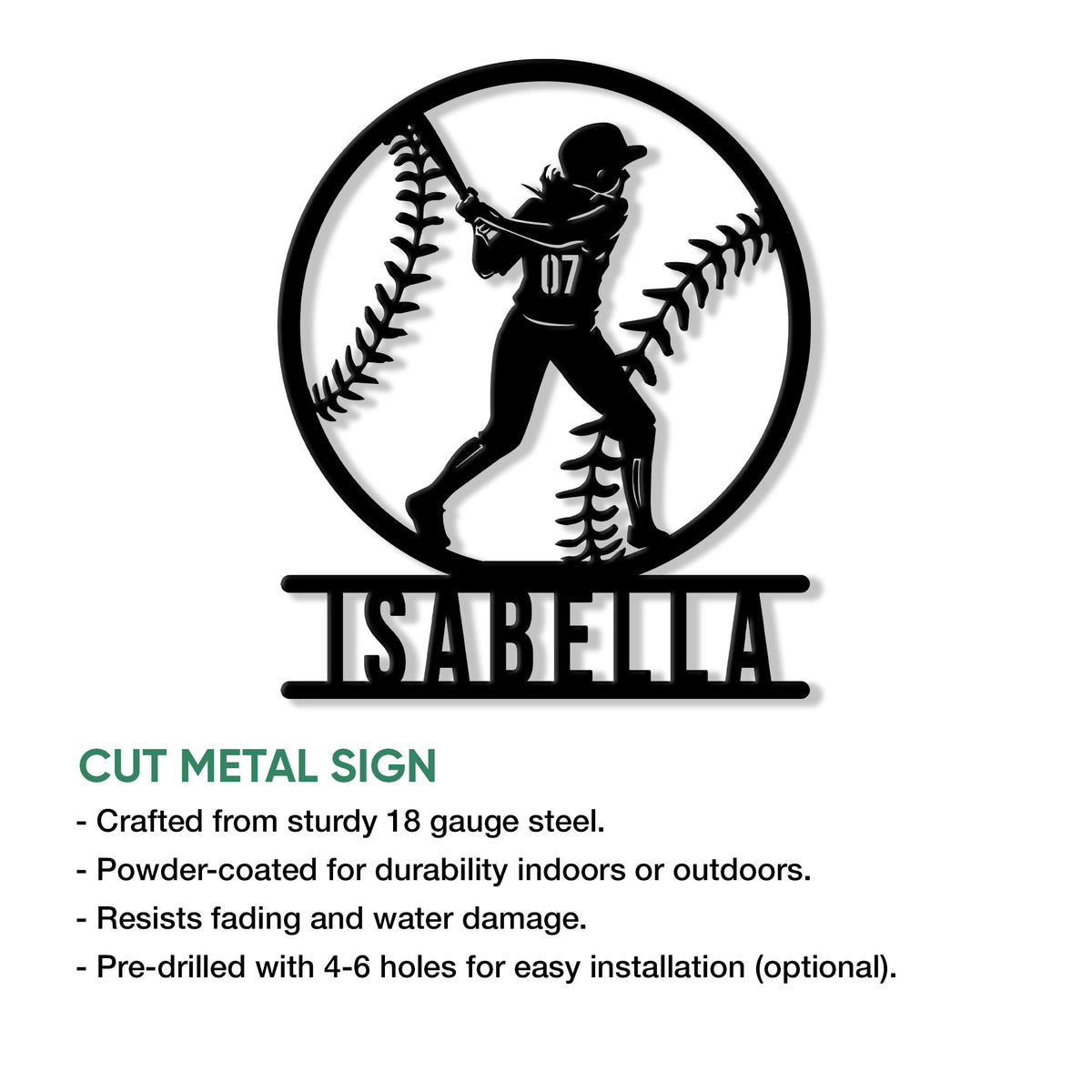 Cut metal softball sign with a batter silhouette and oversized softball stitching detail