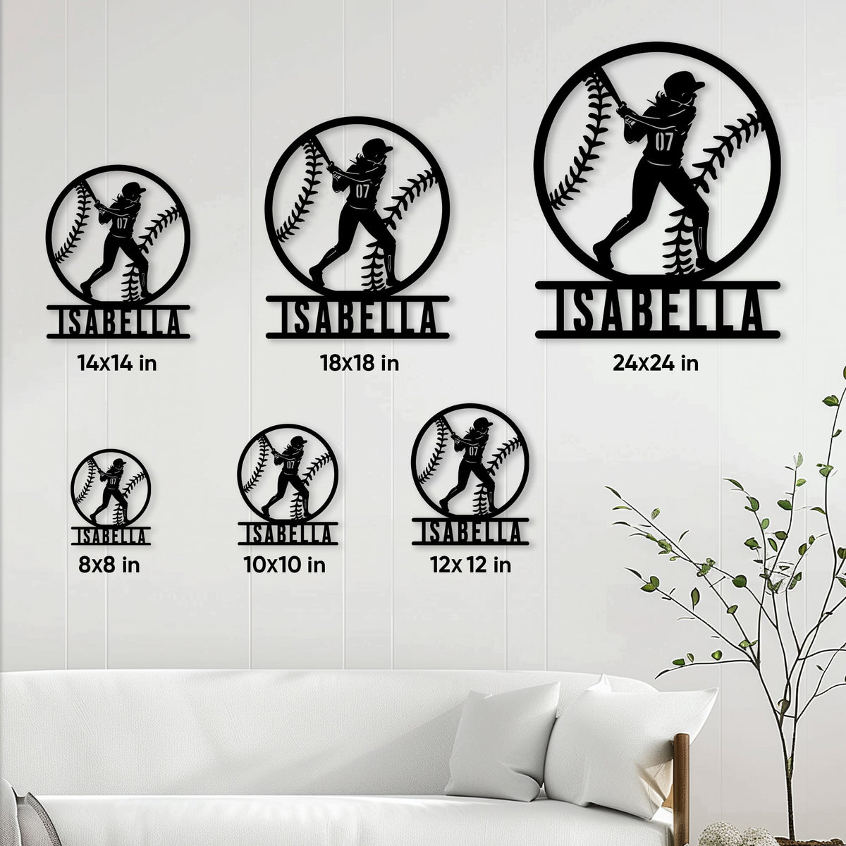 Softball metal sign size guide showing six available square size options