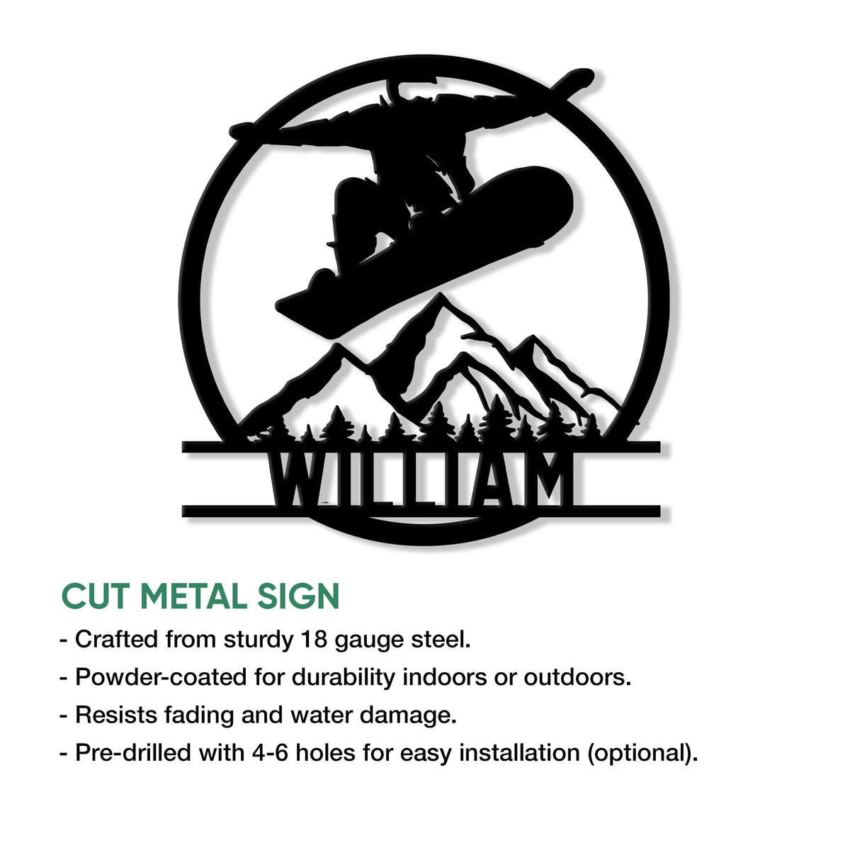 Snowboarding metal sign feature graphic showing a mountain rider design with cut metal construction details