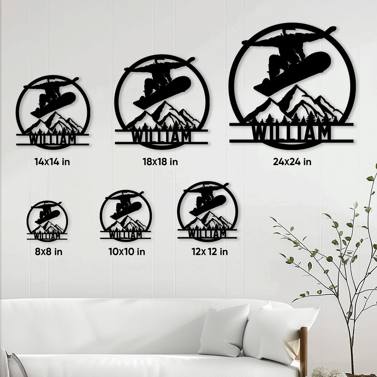 Snowboarding metal sign size guide showing six available square sizes from 8x8 to 24x24 inches
