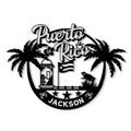 Puerto Rico metal sign featuring palm trees, a lighthouse, island flag, hibiscus, coqui frog, and custom design