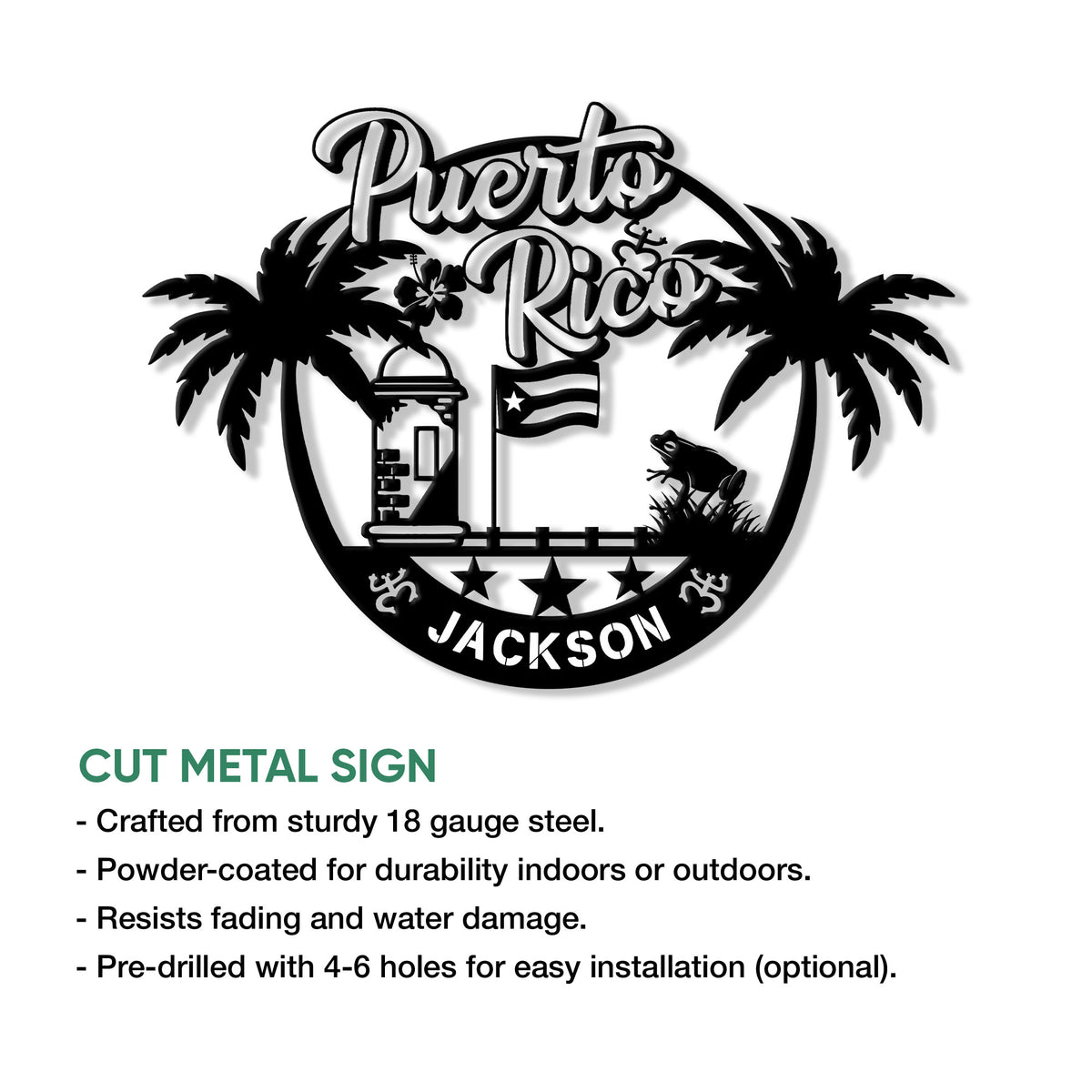 Puerto Rico cut metal sign shown with its tropical island artwork and decorative silhouette design