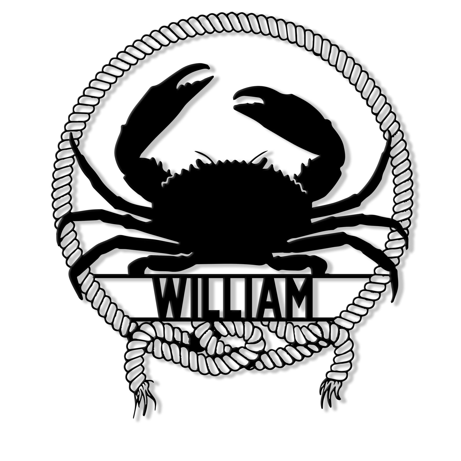 Crab metal sign featuring a bold crab silhouette framed by a nautical rope border