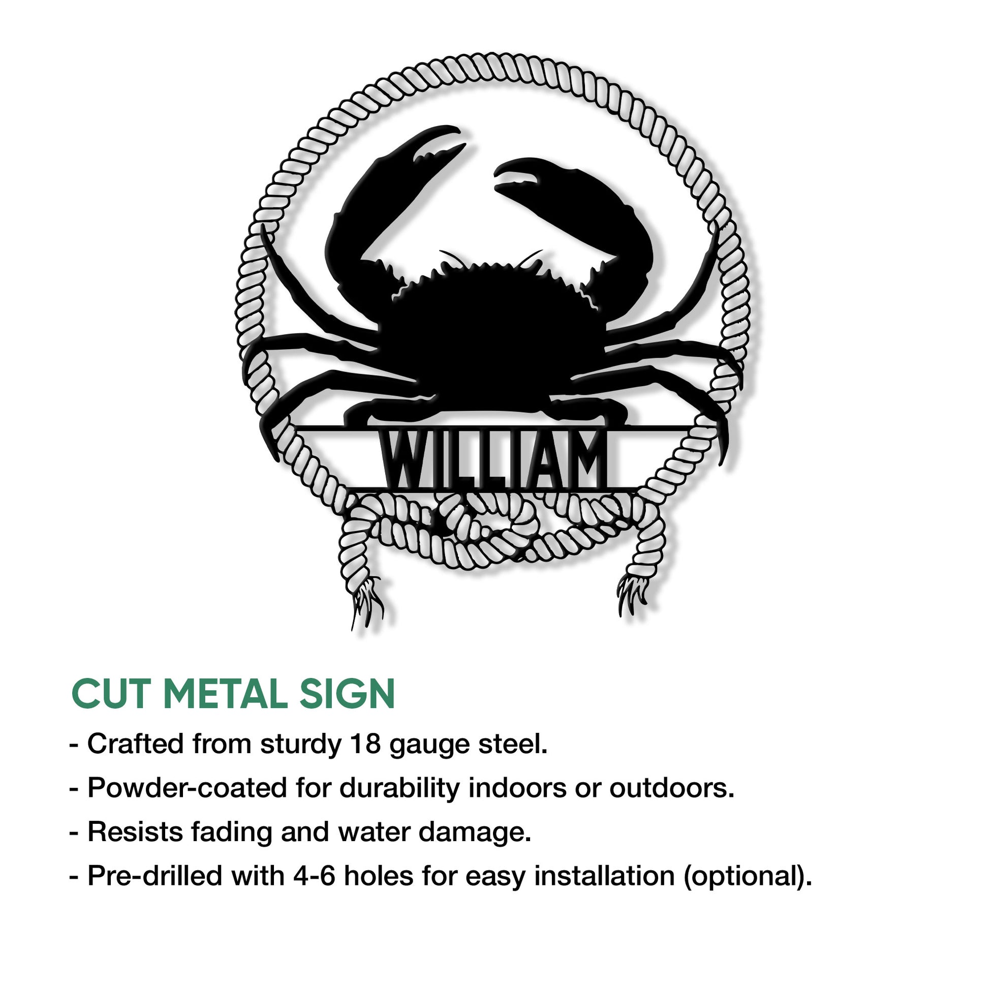 Crab metal sign shown with cut-metal construction and display feature details