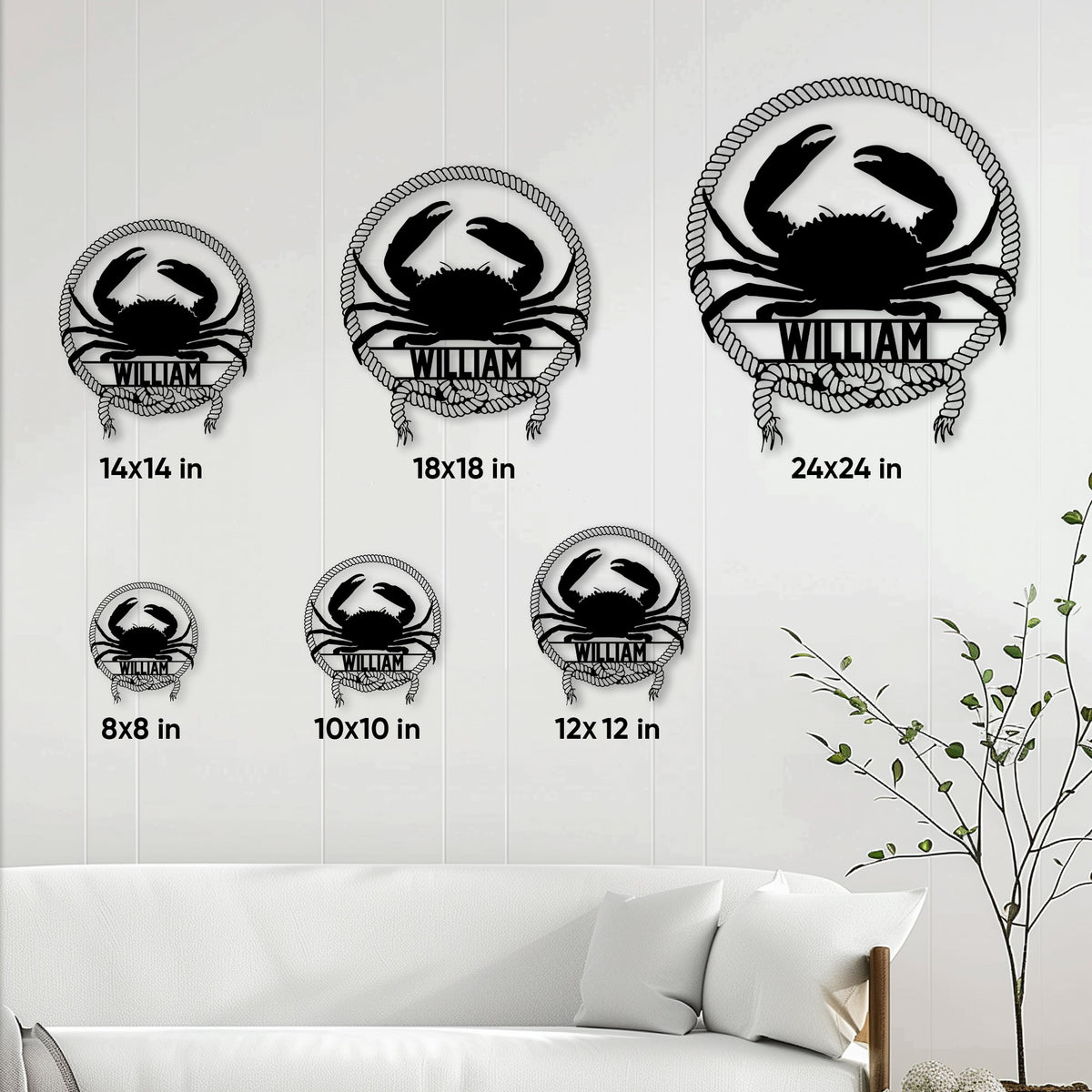 Crab metal sign size guide showing multiple square size options in a living room setting