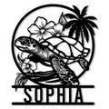 Tropical sea turtle metal sign with hibiscus flowers, palm trees, and ocean-inspired artwork