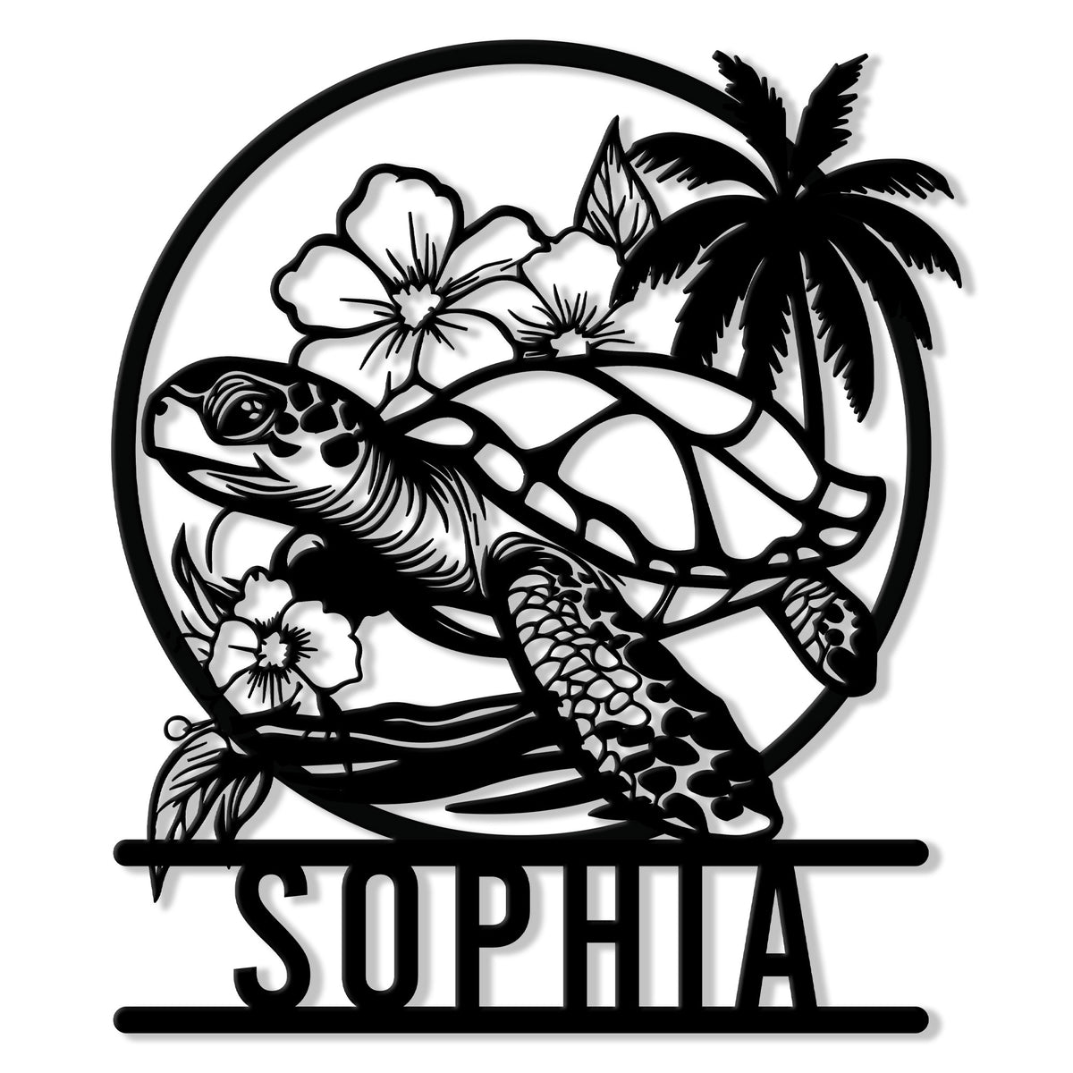 Tropical sea turtle metal sign with hibiscus flowers, palm trees, and ocean-inspired artwork
