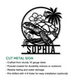 Sea turtle metal sign feature graphic showing the tropical floral design and product presentation