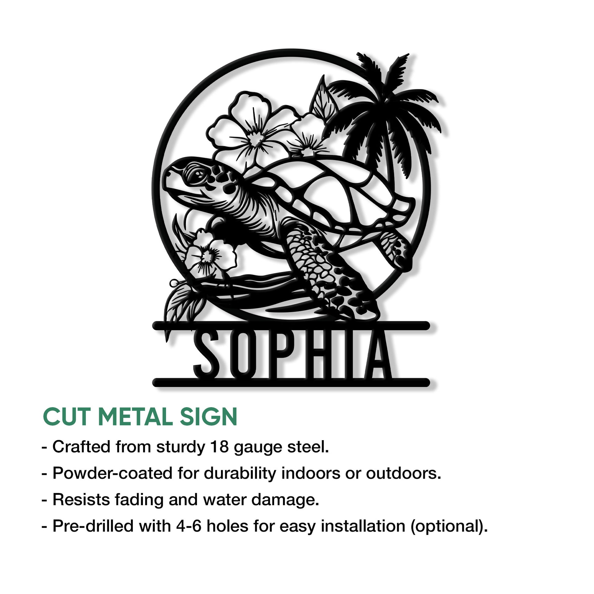 Sea turtle metal sign feature graphic showing the tropical floral design and product presentation