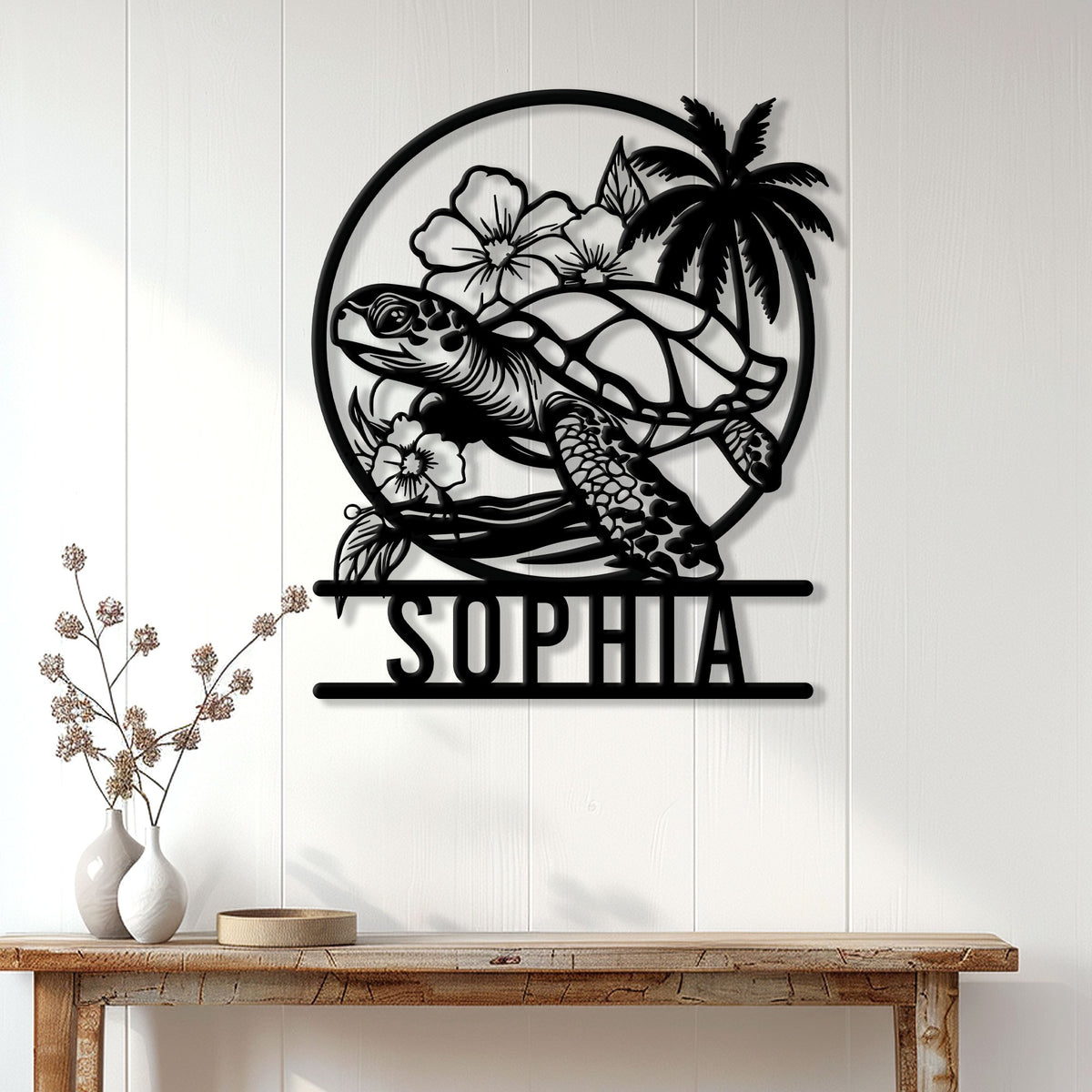 Tropical turtle wall decor displayed on white paneling above a wooden console table