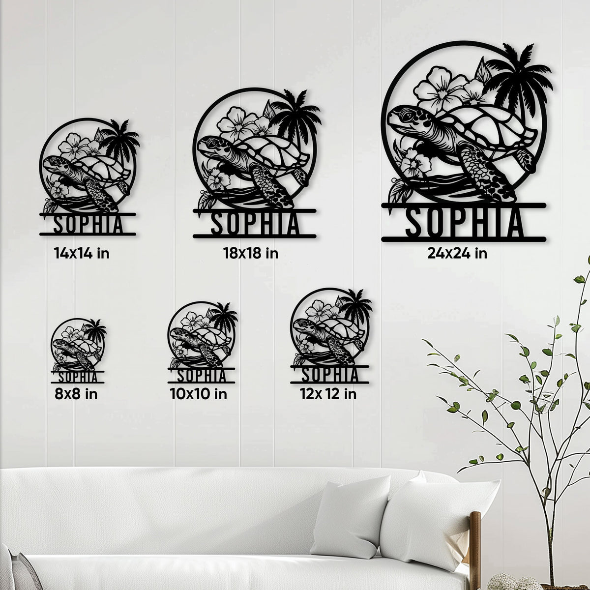 Sea turtle metal sign size guide showing multiple square size options in a living room setting