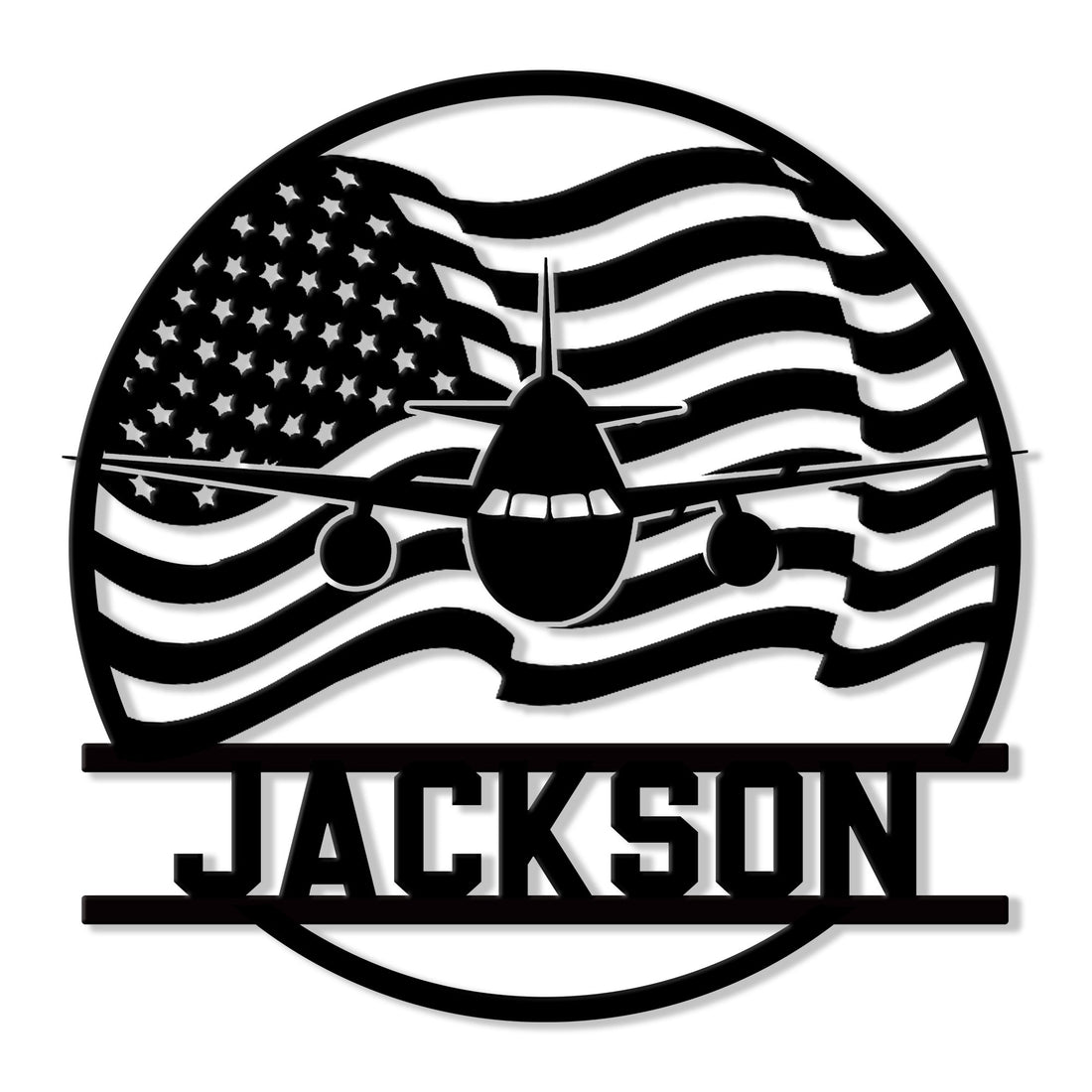 Patriotic pilot metal sign featuring an airplane silhouette over a waving American flag
