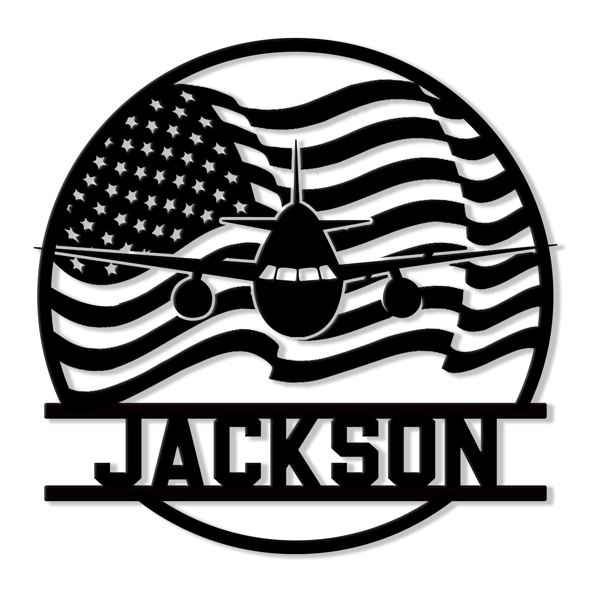 Patriotic pilot metal sign featuring an airplane silhouette over a waving American flag