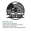 Pilot metal sign product graphic showing an airplane and American flag design with cut metal sign details