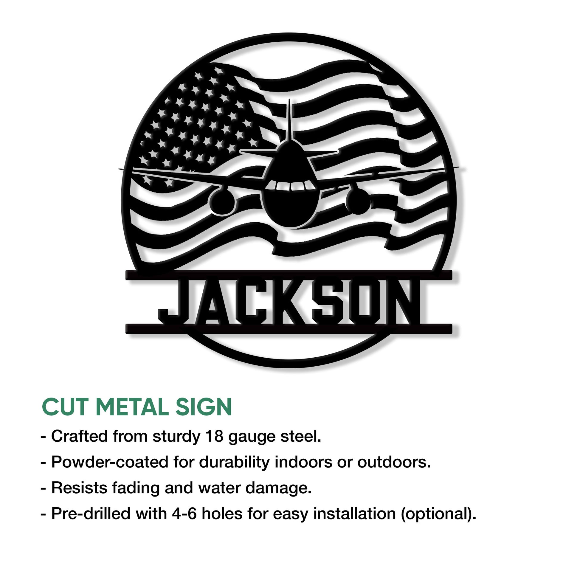 Pilot metal sign product graphic showing an airplane and American flag design with cut metal sign details