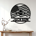 Patriotic airplane wall sign displayed on a light paneled wall above a console table